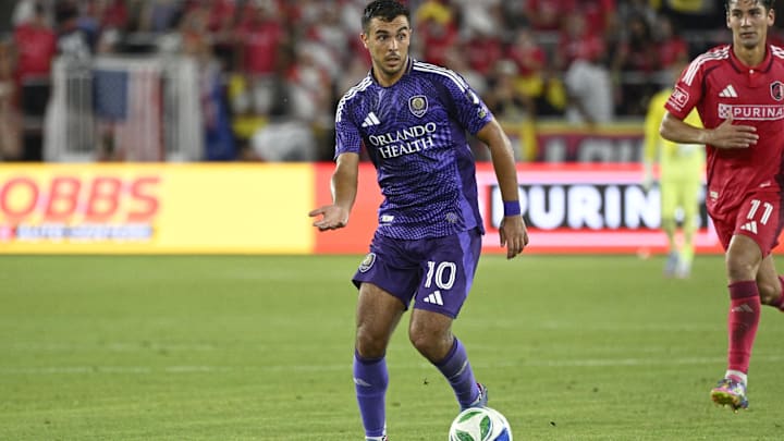Jun 25, 2025; St. Louis, Missouri, USA; Orlando City midfielder Martin Ojeda (10) controls the ball against St. Louis CITY SC in the second half at Energizer Park. Mandatory Credit: Joe Puetz-Imagn Images
