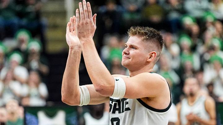 Michigan State forward Jaxon Kohler (0) waves at fans during senior day celebration after the game between Michigan State and Rutgers at Breslin Center in East Lansing on Thursday, March 5, 2026. Michigan State forward Jaxon Kohler (0) waves at fans during senior day celebration after the game between Michigan State and Rutgers at Breslin Center in East Lansing on Thursday, March 5, 2026.