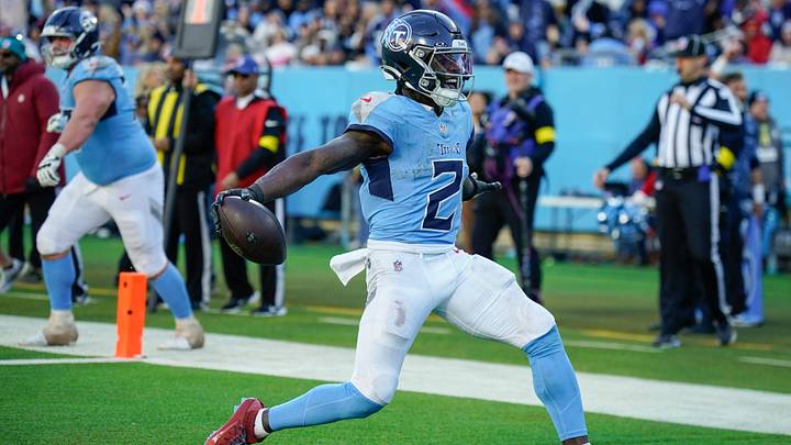 Tennessee Titans running back Tyjae Spears (2) celebrates his touchdown during the fourth quarter against the Kansas City Chiefs at Nissan Stadium in Nashville, Tenn., Sunday, Dec. 21, 2025. Tennessee Titans running back Tyjae Spears (2) celebrates his touchdown during the fourth quarter against the Kansas City Chiefs at Nissan Stadium in Nashville, Tenn., Sunday, Dec. 21, 2025.