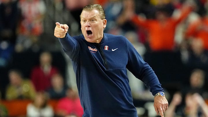 Apr 4, 2026; Indianapolis, IN, USA; Illinois Fighting Illini head coach Brad Underwood reacts after a play against the UConn Huskies during the first half of a semifinal of the Final Four of the men's 2026 NCAA Tournament at Lucas Oil Stadium. Mandatory Credit: Bob Donnan-Imagn Images