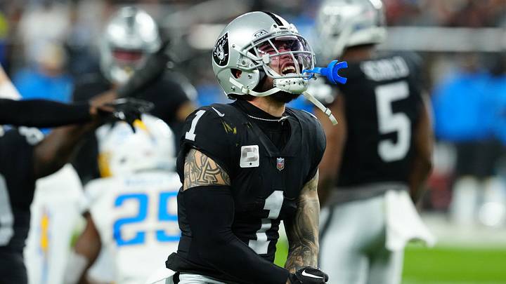 Dec 14, 2023; Paradise, Nevada, USA; Las Vegas Raiders safety Marcus Epps (1) reacts after forcing a turnover against Los Angeles Chargers running back Joshua Kelley (25) in the first quarter at Allegiant Stadium. Mandatory Credit: Stephen R. Sylvanie-USA TODAY Sports Dec 14, 2023; Paradise, Nevada, USA; Las Vegas Raiders safety Marcus Epps (1) reacts after forcing a turnover against Los Angeles Chargers running back Joshua Kelley (25) in the first quarter at Allegiant Stadium. Mandatory Credit: Stephen R. Sylvanie-USA TODAY Sports