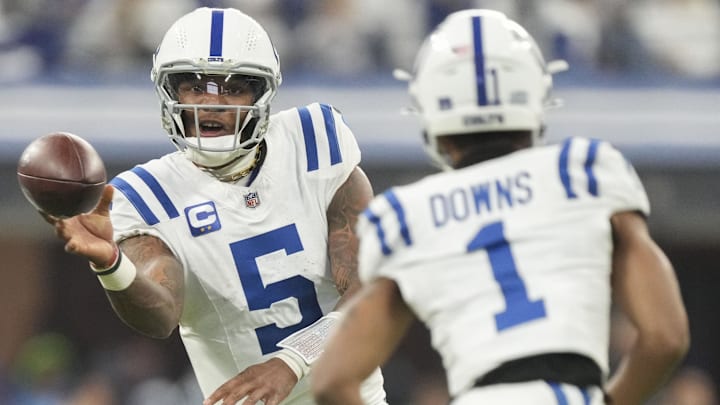 Dec 22, 2024; Indianapolis, Indiana, USA; Indianapolis Colts quarterback Anthony Richardson (5) passes to Indianapolis Colts wide receiver Josh Downs (1) during a game against the Tennessee Titans at Lucas Oil Stadium at Lucas Oil Stadium. Mandatory Credit: Grace Hollars/USA Today Network via Imagn Images Dec 22, 2024; Indianapolis, Indiana, USA; Indianapolis Colts quarterback Anthony Richardson (5) passes to Indianapolis Colts wide receiver Josh Downs (1) during a game against the Tennessee Titans at Lucas Oil Stadium at Lucas Oil Stadium. Mandatory Credit: Grace Hollars/USA Today Network via Imagn Images