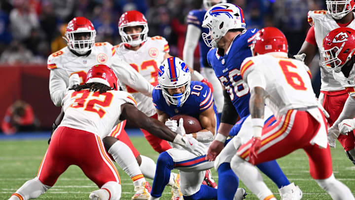 Nov 17, 2024; Orchard Park, New York, USA; Buffalo Bills wide receiver Khalil Shakir (10) is tackled by Kansas City Chiefs linebacker Nick Bolton (32) and safety Bryan Cook (6) after making a catch in the third quarter at Highmark Stadium. Mandatory Credit: Mark Konezny-Imagn Images Nov 17, 2024; Orchard Park, New York, USA; Buffalo Bills wide receiver Khalil Shakir (10) is tackled by Kansas City Chiefs linebacker Nick Bolton (32) and safety Bryan Cook (6) after making a catch in the third quarter at Highmark Stadium. Mandatory Credit: Mark Konezny-Imagn Images