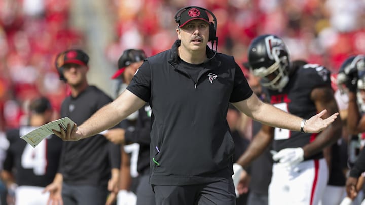 Oct 22, 2023; Tampa, Florida, USA;  Atlanta Falcons head coach Arthur Smith reacts after a call by