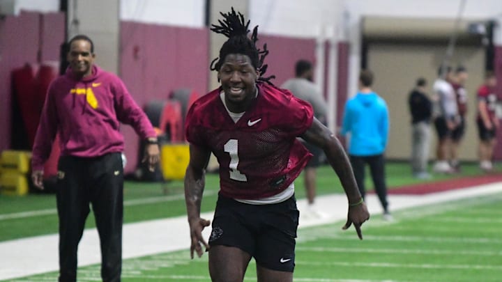 Florida State football safety Shyheim Brown takes part in the final Tour of Duty winter workouts ahead of 2024 spring practices on Thursday, March 7, 2024.