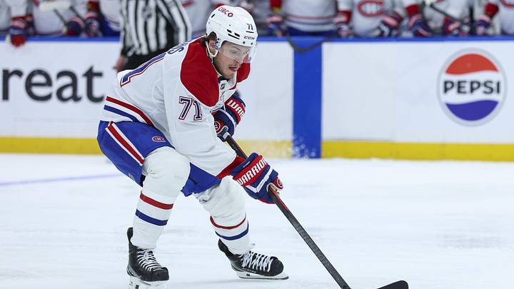 Apr 29, 2026; Tampa, Florida, USA; Montreal Canadiens center Jake Evans (71) controls the puck against the Tampa Bay Lightning in the second period during game five of the first round of the 2026 Stanley Cup Playoffs at Benchmark International Arena. Mandatory Credit: Nathan Ray Seebeck-Imagn Images