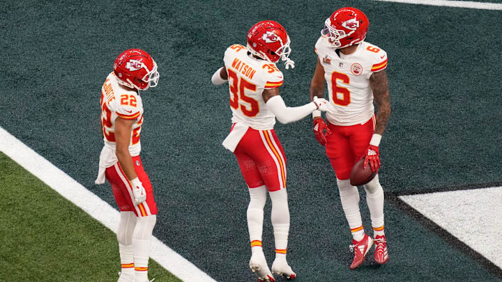 Feb 9, 2025; New Orleans, LA, USA; Kansas City Chiefs safety Bryan Cook (6) reacts with cornerback Jaylen Watson (35) and cornerback Trent McDuffie (22) after an interception during the second quarter in Super Bowl LIX  against the Philadelphia Eagles at Caesars Superdome. Mandatory Credit: Kirby Lee-Imagn Images