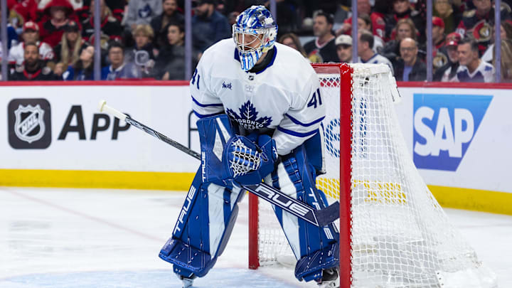 Apr 26, 2025; Ottawa, Ontario, CAN; Toronto Maple Leafs goalie Anthony Stolarz (41) follows the puck in game four of the first round of the 2025 Stanley Cup Playoffs against the Ottawa Senators at the  Canadian Tire Centre. Mandatory Credit: Marc DesRosiers-Imagn Images