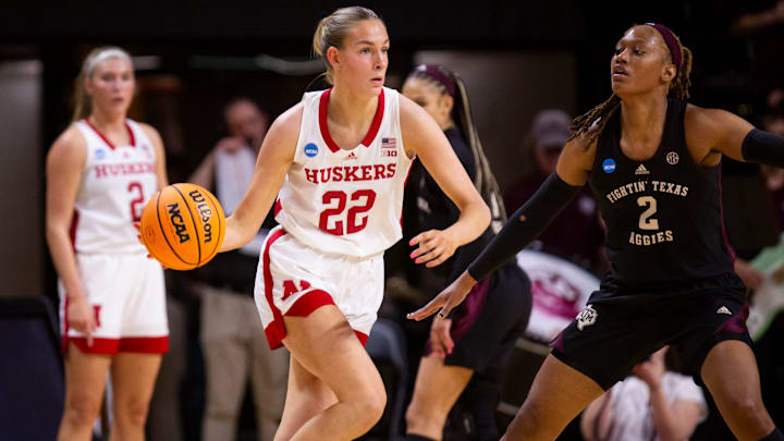 Nebraska forward Natalie Potts moves the ball up the court as Texas A&M takes on Nebraska in the first round of the NCAA Tournament. Nebraska forward Natalie Potts moves the ball up the court as Texas A&M takes on Nebraska in the first round of the NCAA Tournament.