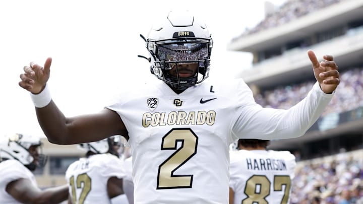 Sep 2, 2023; Fort Worth, Texas, USA; Colorado Buffaloes quarterback Shedeur Sanders (2) celebrates a touchdown in the first quarter against the TCU Horned Frogs at Amon G. Carter Stadium.
