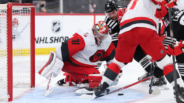 Jan 17, 2026; Newark, New Jersey, USA; Carolina Hurricanes goaltender Frederik Andersen (31) makes a save against the New Jersey Devils during the second period at Prudential Center. Mandatory Credit: Thomas Salus-Imagn Images