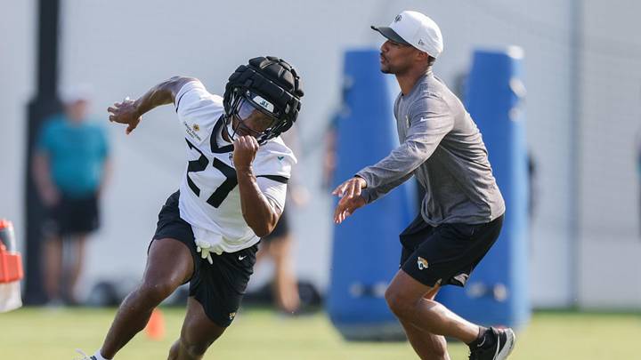Jul 23, 2025; Jacksonville, FL, USA; Jacksonville Jaguars cornerback Caleb Ransaw (27) participates in training camp at Miller Electric Center. Mandatory Credit: Nathan Ray Seebeck-Imagn Images