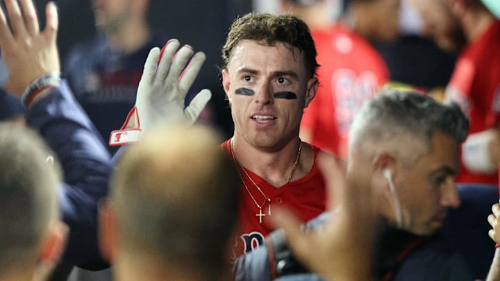 Sep 19, 2025; Tampa, Florida, USA;  Boston Red Sox second baseman Romy Gonzalez (23) is congratulated in the dugout after scoring during the eighth inning against the Tampa Bay Rays at George M. Steinbrenner Field. Mandatory Credit: Kim Klement Neitzel-Imagn Images