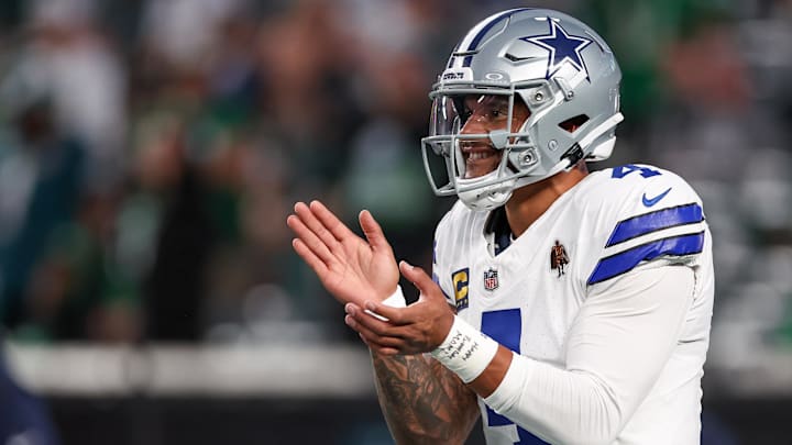 Sep 4, 2025; Philadelphia, Pennsylvania, USA; Dallas Cowboys quarterback Dak Prescott (4) looks on during warmups prior to the game against the Philadelphia Eagles at Lincoln Financial Field.