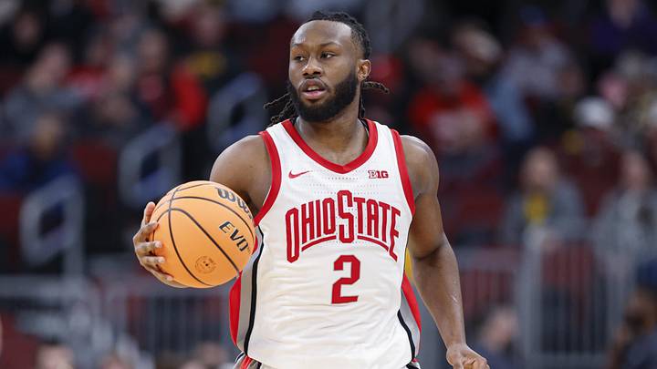 Mar 12, 2026; Chicago, IL, USA; Ohio State Buckeyes guard Bruce Thornton (2) brings the ball up court against the Iowa Hawkeyes during the second half at United Center. Mandatory Credit: Kamil Krzaczynski-Imagn Images