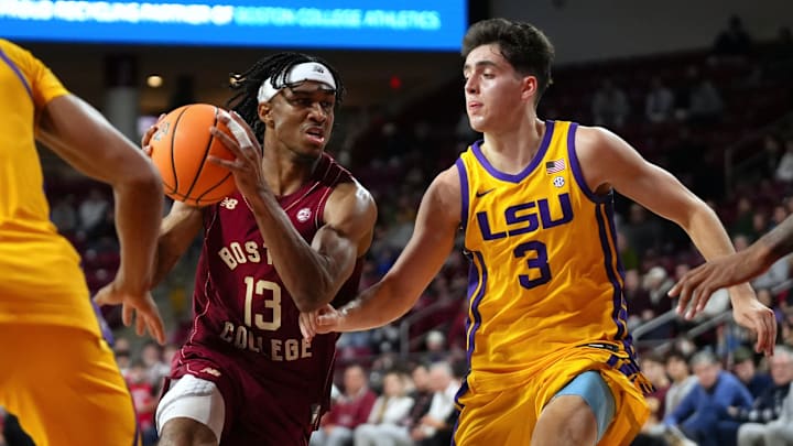 Boston College men's basketball guard Donald Hand Jr. with the ball against LSU at Conte Forum on Dec. 3, 2025. 