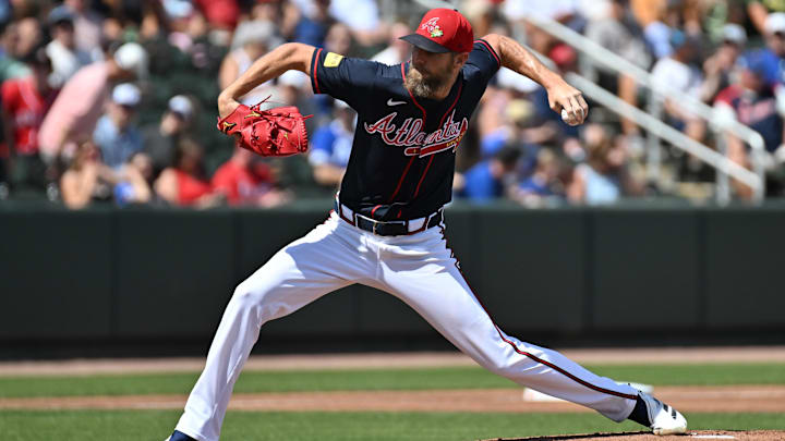 Mar 5, 2026; North Port, Florida, USA; Atlanta Braves starting pitcher Chris Sale (51) throws a pitch in the first inning against the Toronto Blue Jays during spring training at CoolToday Park. 