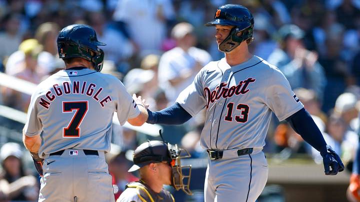 Mar 26, 2026; San Diego, California, USA; Detroit Tigers catcher Dillon Dingler (13) celebrates with third baseman Kevin McGonigle (7) after hitting a two-run home run during the fifth inning against the San Diego Padres at Petco Park. Mandatory Credit: David Frerker-Imagn Images Mar 26, 2026; San Diego, California, USA; Detroit Tigers catcher Dillon Dingler (13) celebrates with third baseman Kevin McGonigle (7) after hitting a two-run home run during the fifth inning against the San Diego Padres at Petco Park. Mandatory Credit: David Frerker-Imagn Images
