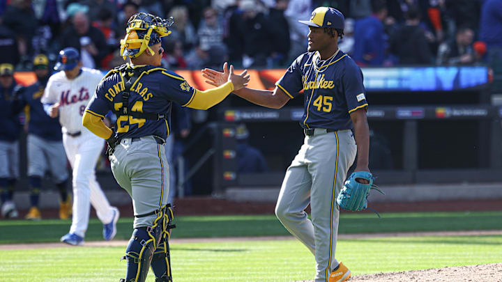Mar 29, 2024; New York City, New York, USA; Milwaukee Brewers relief pitcher Abner Uribe (45)