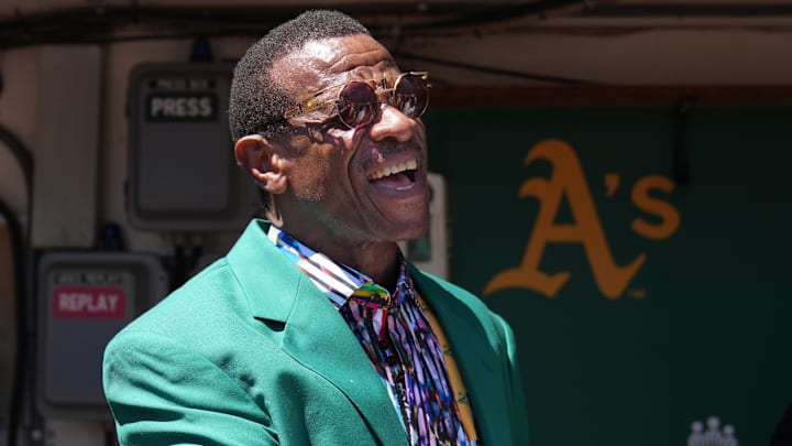Aug 7, 2022; Oakland, California, USA; Oakland Athletics former outfielder Rickey Henderson before the game against the San Francisco Giants at RingCentral Coliseum. Mandatory Credit: Darren Yamashita-Imagn Images