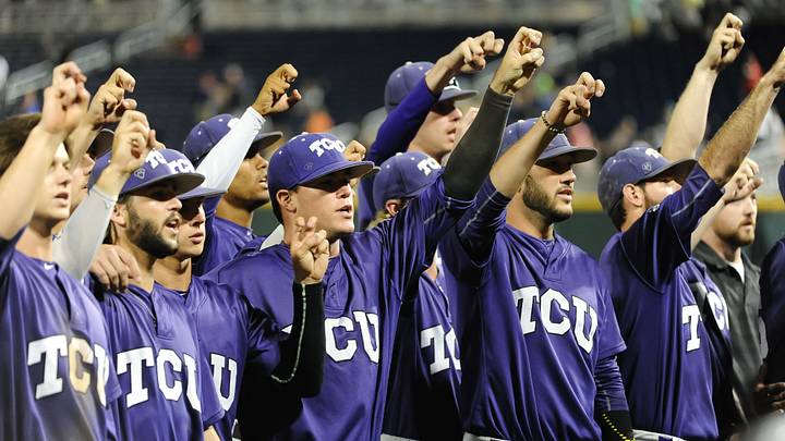 Jun 19, 2015; Omaha, NE, USA; The TCU Horned Frogs acknowledge their fans after the defeat against against the Vanderbilt Commodores in the 2015 College World Series at TD Ameritrade Park. Vanderbilt defeated TCU 7-1. Mandatory Credit: Steven Branscombe-USA TODAY Sports Jun 19, 2015; Omaha, NE, USA; The TCU Horned Frogs acknowledge their fans after the defeat against against the Vanderbilt Commodores in the 2015 College World Series at TD Ameritrade Park. Vanderbilt defeated TCU 7-1. Mandatory Credit: Steven Branscombe-USA TODAY Sports