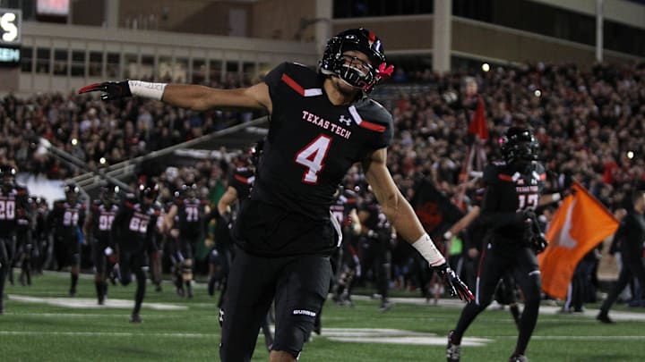 Nov 3, 2018; Lubbock, TX, USA; Texas Tech Red Raiders wide receiver Antoine Wesley (4) enters the field before the game against the Oklahoma Sooners at Jones AT&T Stadium. Mandatory Credit: Michael C. Johnson-Imagn Images