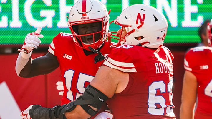 Oct 21, 2023; Lincoln, Nebraska, USA; Nebraska Cornhuskers wide receiver Malachi Coleman (15) and