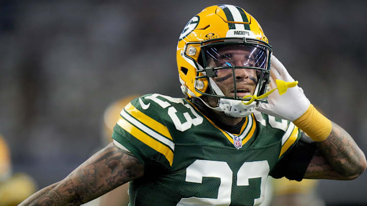 Green Bay Packers cornerback Jaire Alexander (23) reacts after intercepting a pass during the first quarter of the wild card playoff game against the Dallas Cowboys Sunday, January 14, 2024 at AT&T Stadium in Arlington, Texas. Green Bay Packers cornerback Jaire Alexander (23) reacts after intercepting a pass during the first quarter of the wild card playoff game against the Dallas Cowboys Sunday, January 14, 2024 at AT&T Stadium in Arlington, Texas.