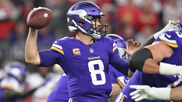 Oct 23, 2023; Minneapolis, Minnesota, USA;  Minnesota Vikings quarterback Kirk Cousins (8) throws a pass against San Francisco.