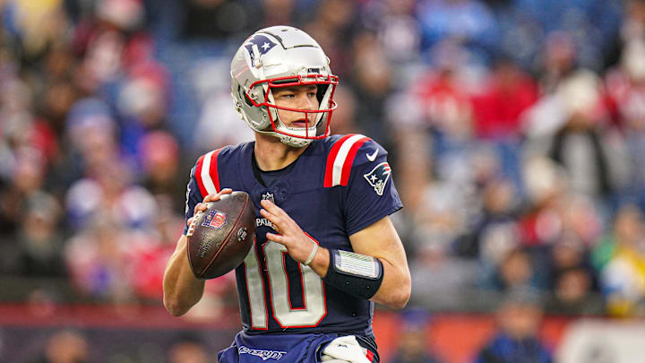 Dec 28, 2024; Foxborough, Massachusetts, USA; New England Patriots quarterback Drake Maye (10) looks to pass the ball against the Los Angeles Chargers in the second half at Gillette Stadium. Mandatory Credit: David Butler II-Imagn Images