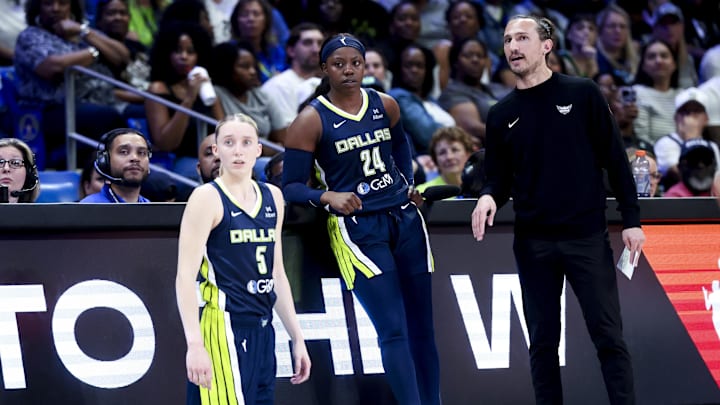 Dallas Wings guards Paige Bueckers (5) and Arike Ogunbowale (24) with head coach Chris Koclanes at College Park Center.