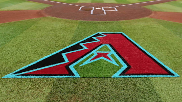 Apr 16, 2024; Phoenix, Arizona, USA; General view of the Arizona Diamondbacks logo on the field prior to the game against the Chicago Cubs at Chase Field. Mandatory Credit: Matt Kartozian-Imagn Images