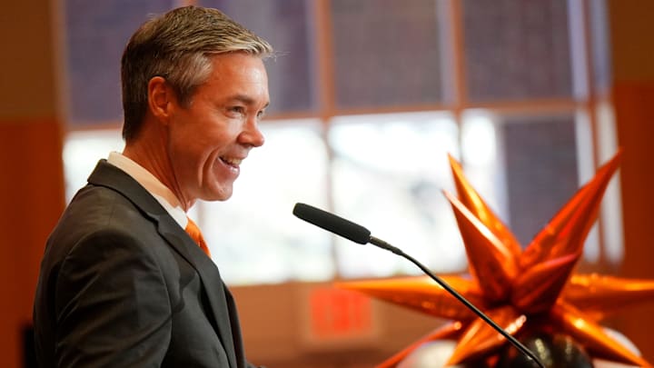 OSU Athletic Director Chad Weiberg talks about the process. Oklahoma State University (OSU) introduces the new head football coach, Eric Morris, during a rally , Monday, Dec. 8, 2025.