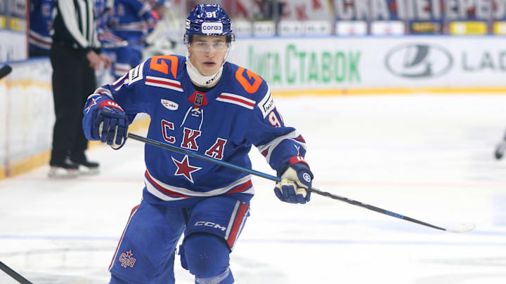 Ivan Demidov (91) SKA Hockey Club seen in action during the...