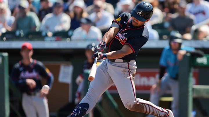 Atlanta Braves designated hitter Drake Baldwin (75) hits an RBI single against the Miami Marlins during the third inning at Roger Dean Chevrolet Stadium on Feb 28, 2025, in Jupiter, Fla.