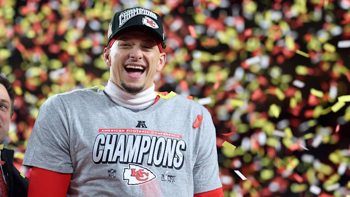 Kansas City Chiefs quarterback Patrick Mahomes reacts on stage after the AFC Championship game against the Buffalo Bills.