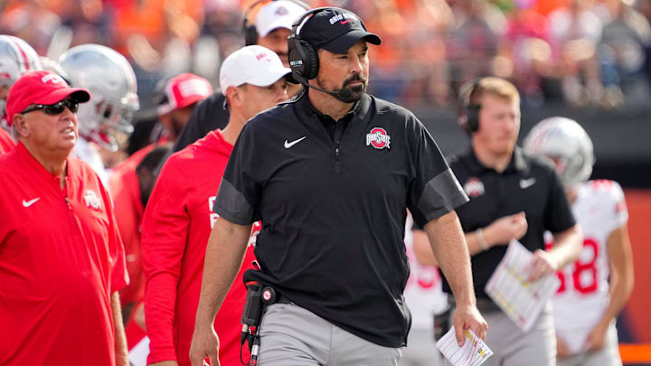 Ohio State Buckeyes head coach Ryan Day watches during the second half of the NCAA football game against the Illinois Fighting Illini at Gies Memorial Stadium in Champaign on Oct. 11, 2025. Ohio State won 34-16. Ohio State Buckeyes head coach Ryan Day watches during the second half of the NCAA football game against the Illinois Fighting Illini at Gies Memorial Stadium in Champaign on Oct. 11, 2025. Ohio State won 34-16.