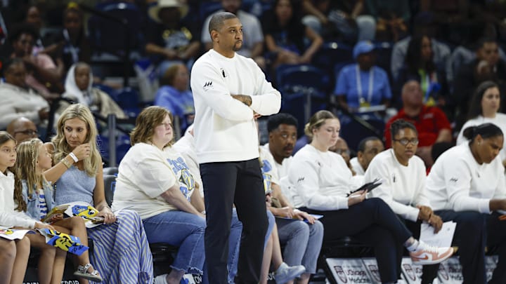 Aug 23, 2025; Chicago, Illinois, USA; Chicago Sky head coach Tyler Marsh looks on from the sidelines during the first half of a WNBA game against the Connecticut Sun at Wintrust Arena. Mandatory Credit: Kamil Krzaczynski-Imagn Images