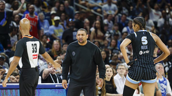 Jun 17, 2025; Chicago, Illinois, USA; Chicago Sky head coach Tyler Marsh reacts after receiving a technical foul during the second half of a WNBA game against the Washington Mystics at Wintrust Arena. Mandatory Credit: Kamil Krzaczynski-Imagn Images