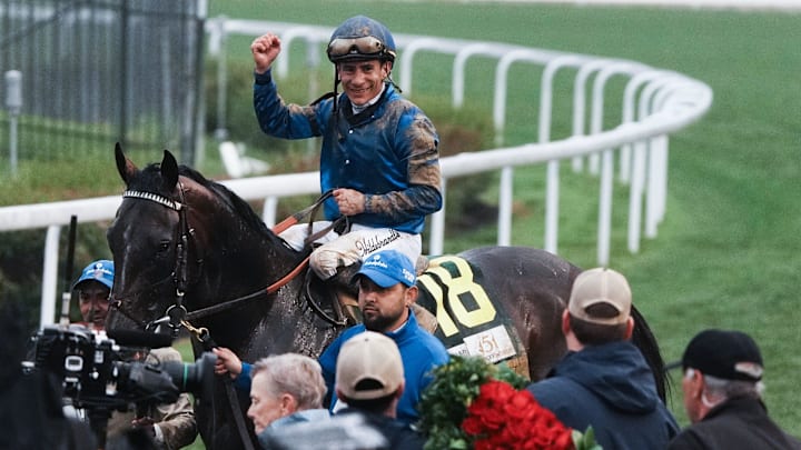 Junior Alvarado aboard Sovereignty celebrates after winning the 151st Kentucky Derby at Churchill Downs on Saturday, May 3, 2025. 
