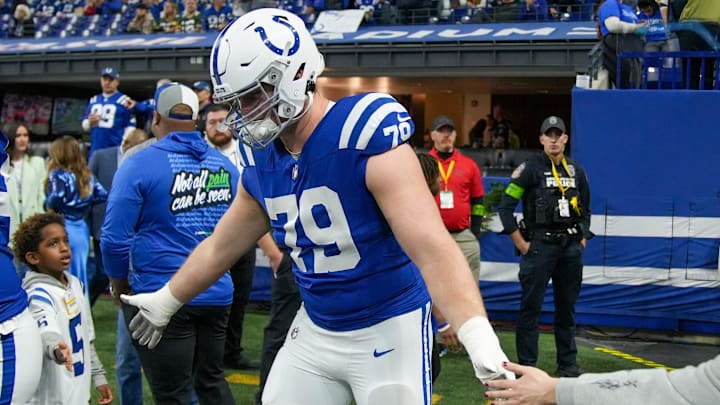Indianapolis Colts offensive tackle Bernhard Raimann (79) slaps hands pregame, Las Vegas Raiders at Indianapolis Colts, Sunday, Dec. 31, 2023, at Lucas Oil Stadium. Indianapolis Colts offensive tackle Bernhard Raimann (79) slaps hands pregame, Las Vegas Raiders at Indianapolis Colts, Sunday, Dec. 31, 2023, at Lucas Oil Stadium.