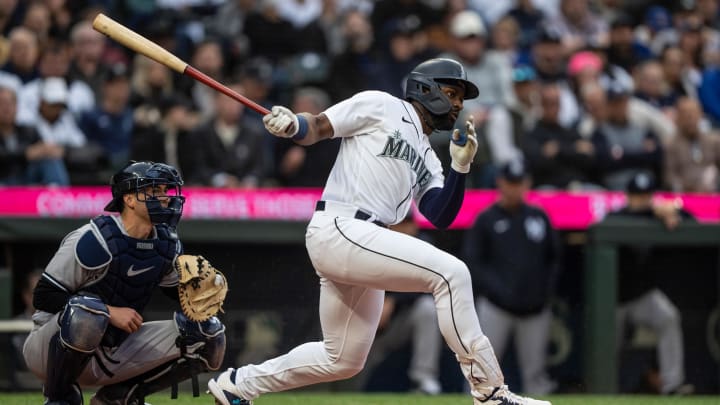May 31, 2023; Seattle, Washington, USA; Seattle Mariners designated hitter Taylor Trammell (5) takes