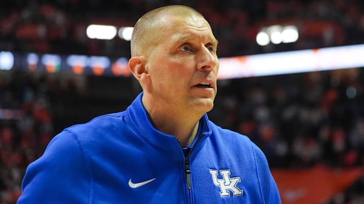 Kentucky basketball coach Mark Pope after winning a NCAA basketball game between the Tennessee Volunteers and Kentucky Wildcats at Thompson-Boling Arena at Food City Center in Knoxville, Tenn., on Jan. 17, 2026.
