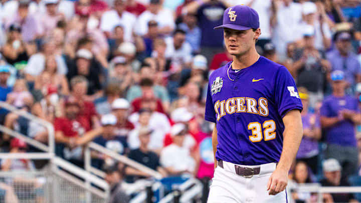 LSU pitcher Kade Anderson walks off the mound during an NCAA College World Series game against Arkansas on June 14 at Charles Schwab Field. LSU pitcher Kade Anderson walks off the mound during an NCAA College World Series game against Arkansas on June 14 at Charles Schwab Field.