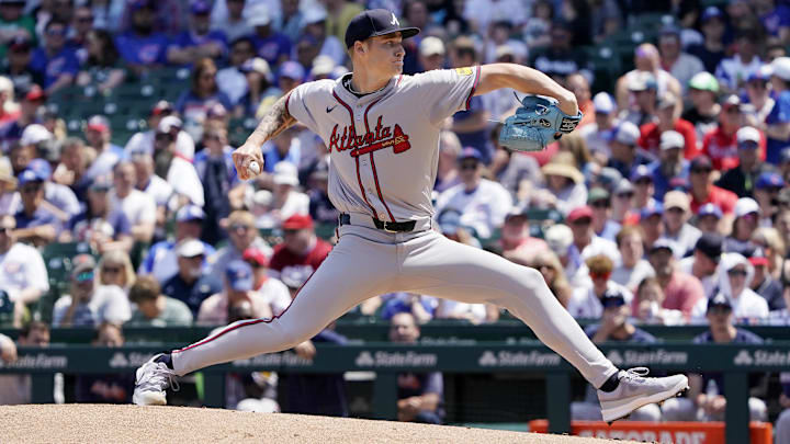 May 23, 2024; Chicago, Illinois, USA; Atlanta Braves pitcher AJ Smith-Shawver (32) pitches against the Chicago Cubs during the first inning at Wrigley Field. Mandatory Credit: David Banks-USA TODAY Sports