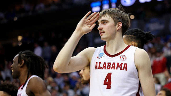 Mar 27, 2025; Newark, NJ, USA; Alabama Crimson Tide forward Grant Nelson (4) celebrates during the second half against the Brigham Young Cougars during an East Regional semifinal of the 2025 NCAA tournament at Prudential Center Mar 27, 2025; Newark, NJ, USA; Alabama Crimson Tide forward Grant Nelson (4) celebrates during the second half against the Brigham Young Cougars during an East Regional semifinal of the 2025 NCAA tournament at Prudential Center