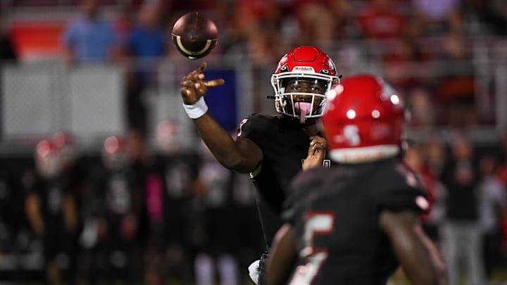 Vero Beach’s Champ Monds (7) passes the ball against Treasure Coast, Friday, Oct. 25, 2024, during the District 11-7A Championship. Vero Beach won 34-7.