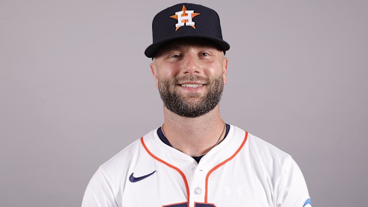 Feb 20, 2025; West Palm Beach, FL, USA; Houston Astros first base Christian Walker (8) poses for a photo at the Houston Astros media day. Feb 20, 2025; West Palm Beach, FL, USA; Houston Astros first base Christian Walker (8) poses for a photo at the Houston Astros media day.