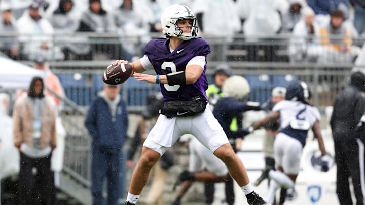 Penn State Nittany Lions quarterback Rocco Becht (3) throws a pass during the Blue-White Spring Practice at Beaver Stadium. 