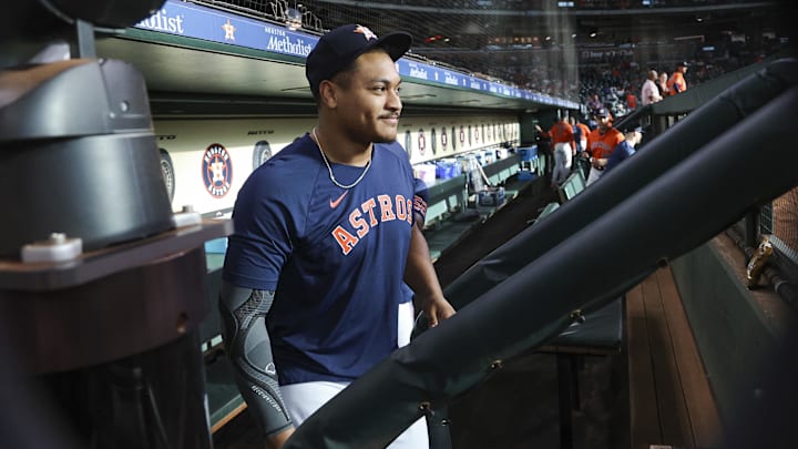 Jul 7, 2023; Houston, Texas, USA; Houston Astros pitcher Luis Garcia in the dugout before the game against the Seattle Mariners at Minute Maid Park.